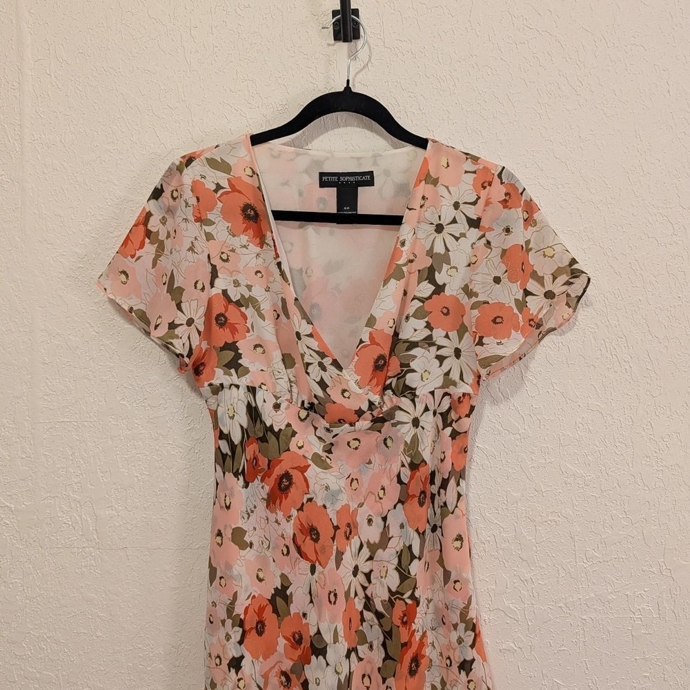 Womens Petite Sophisticate Orange Floral V-Neck Midi Dress 4P Excellent Vintage
